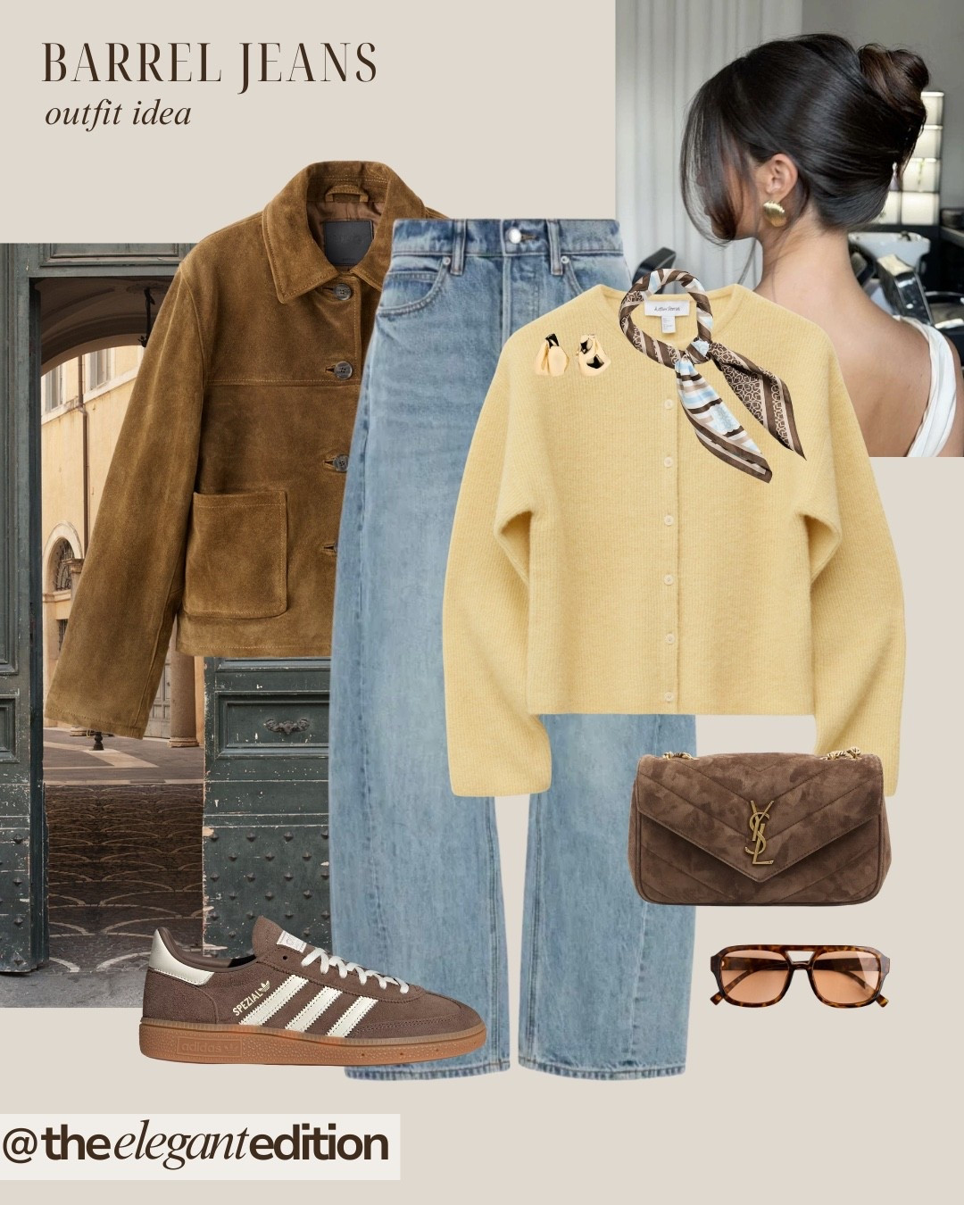 BARREL JEANS OUTFIT IDEA 🤎
barrel jeans wide leg relaxed fit denim blue jeans high waist butter yellow cardigan knit soft texture brown suede jacket oversized adidas spezial sneakers brown gum sole silk scarf geometric print brown suede handbag quilted YSL style brown sunglasses tortoise gold earrings chunky minimalist fashion spring autumn casual chic elevated basics
#LTKeurope #LTKstyletip #LTKunder100

#LTKstyletip #LTKeurope #LTKjeans