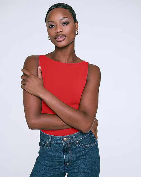 Crepe Knit Body Contour Boat Neck Sweater Bodysuit | Express