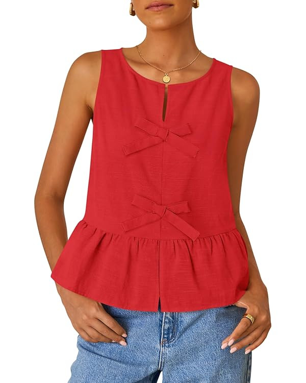 ZESICA Women's Summer Sleeveless Tank Tops Crewneck Tie Front Loose Flowy Ruffle Peplum Babydoll ... | Amazon (US)