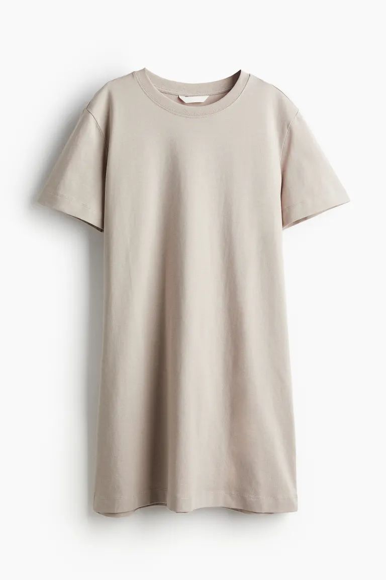 T-Shirt-Kleid aus Baumwolle - Rundausschnitt - Kurzarm - Hellbeige - Ladies | H&M DE | H&M (DE, AT, CH, NL, FI)