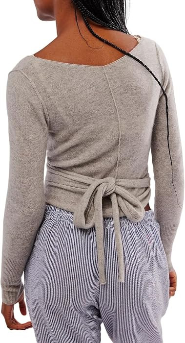 Women Wool Tie Front Tops Crop Top Solid Long Sleeve Solid V Neck Lightweight Cardigan Crop | Amazon (US)