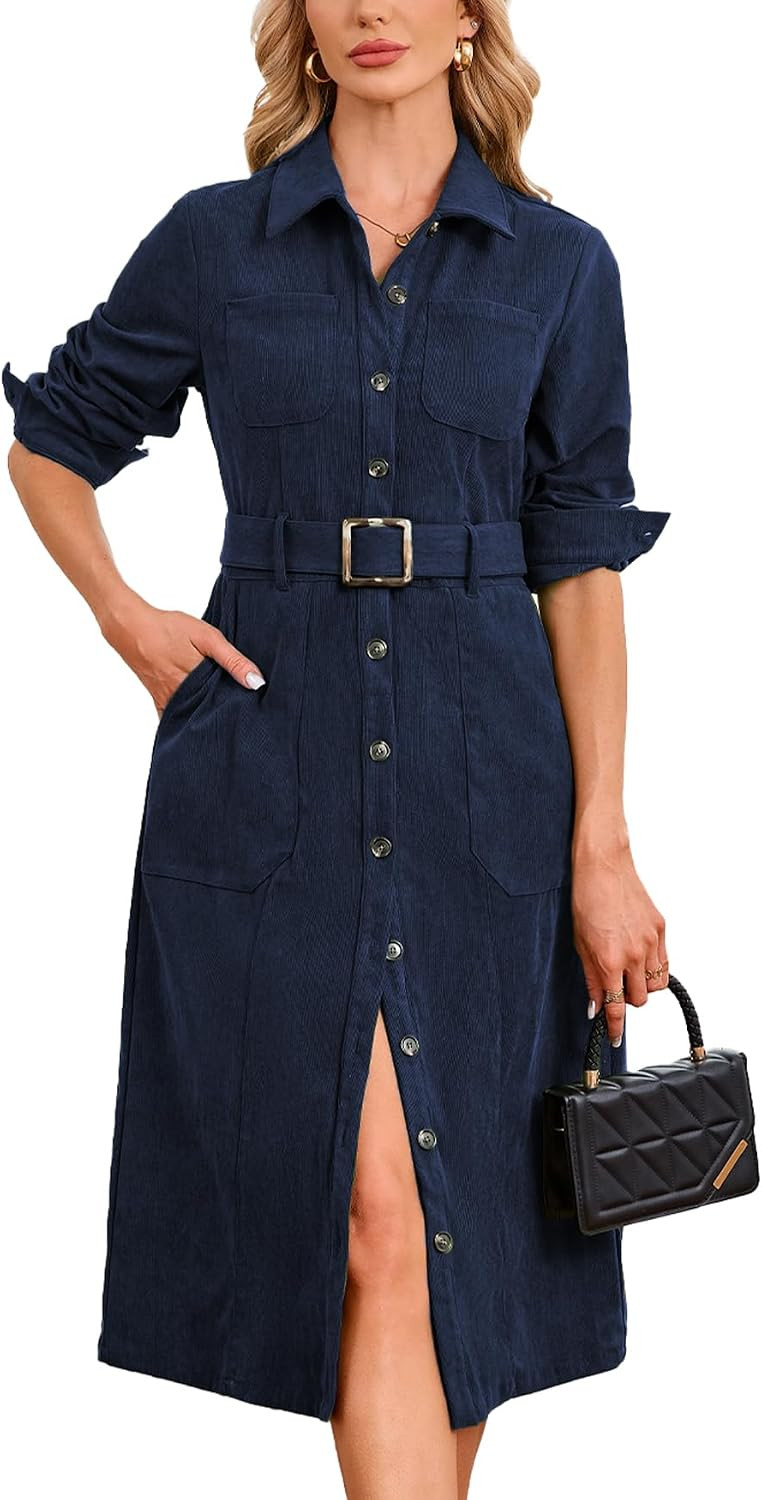 YEXPINE Women's Corduroy Midi Dress Belted Button Down Shirt Long Dresses | Amazon (US)