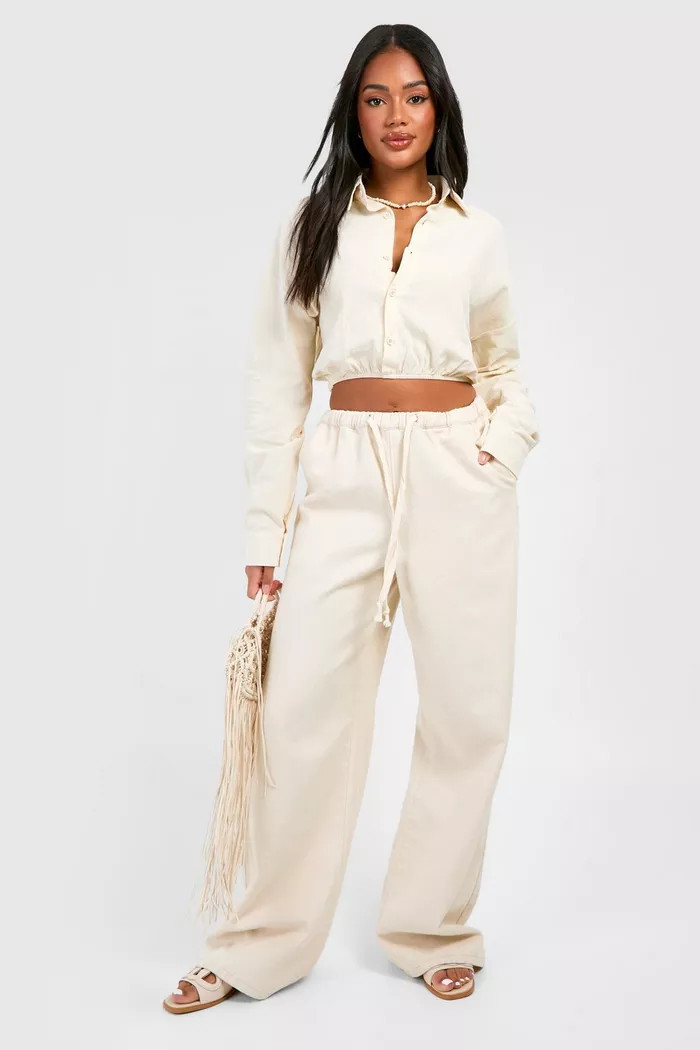 Linen Gathered Hem Crop Shirt | boohoo (US & Canada)