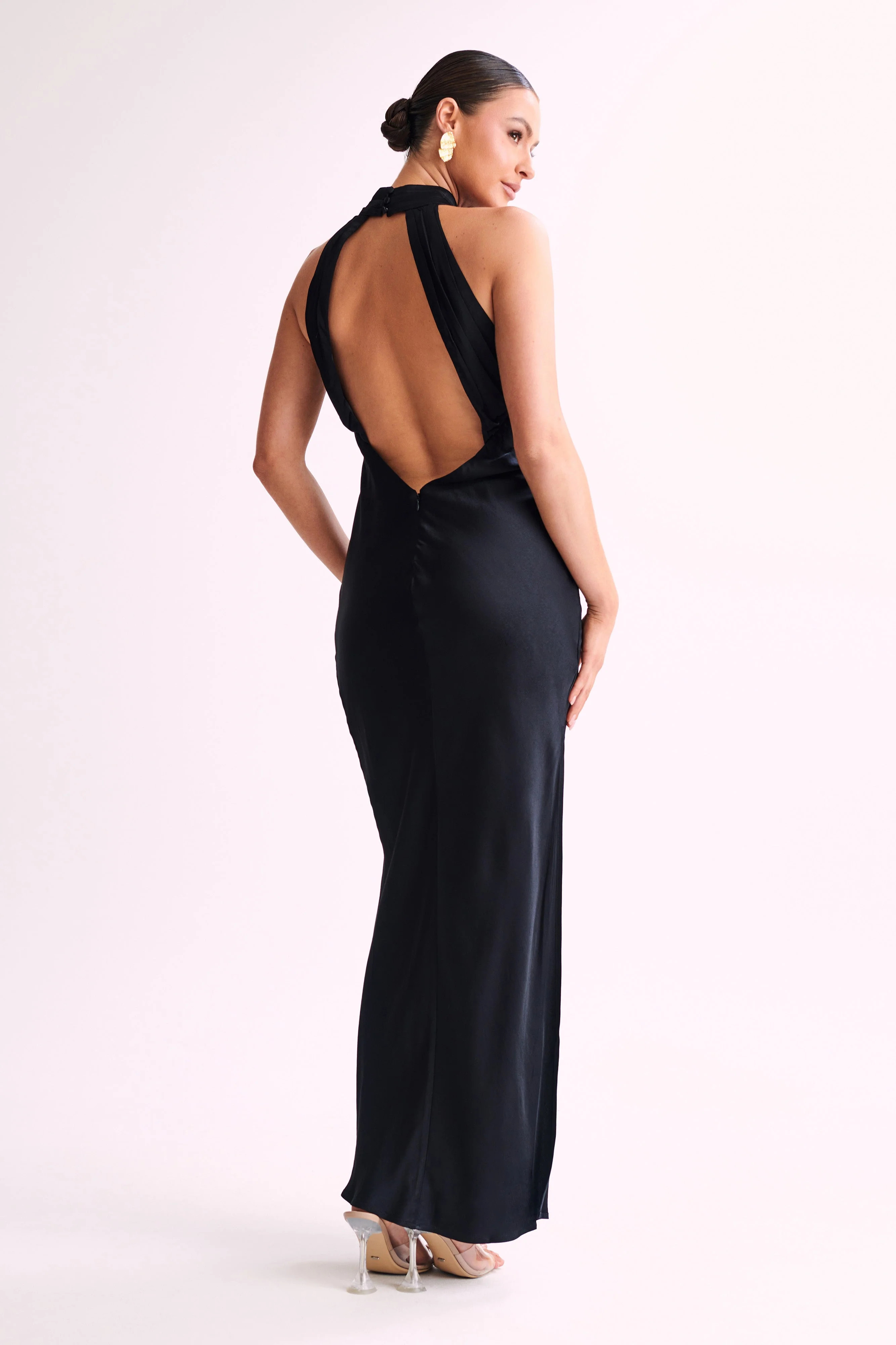 Claire Satin Drape Back Maxi Dress with Split - Black | MESHKI US