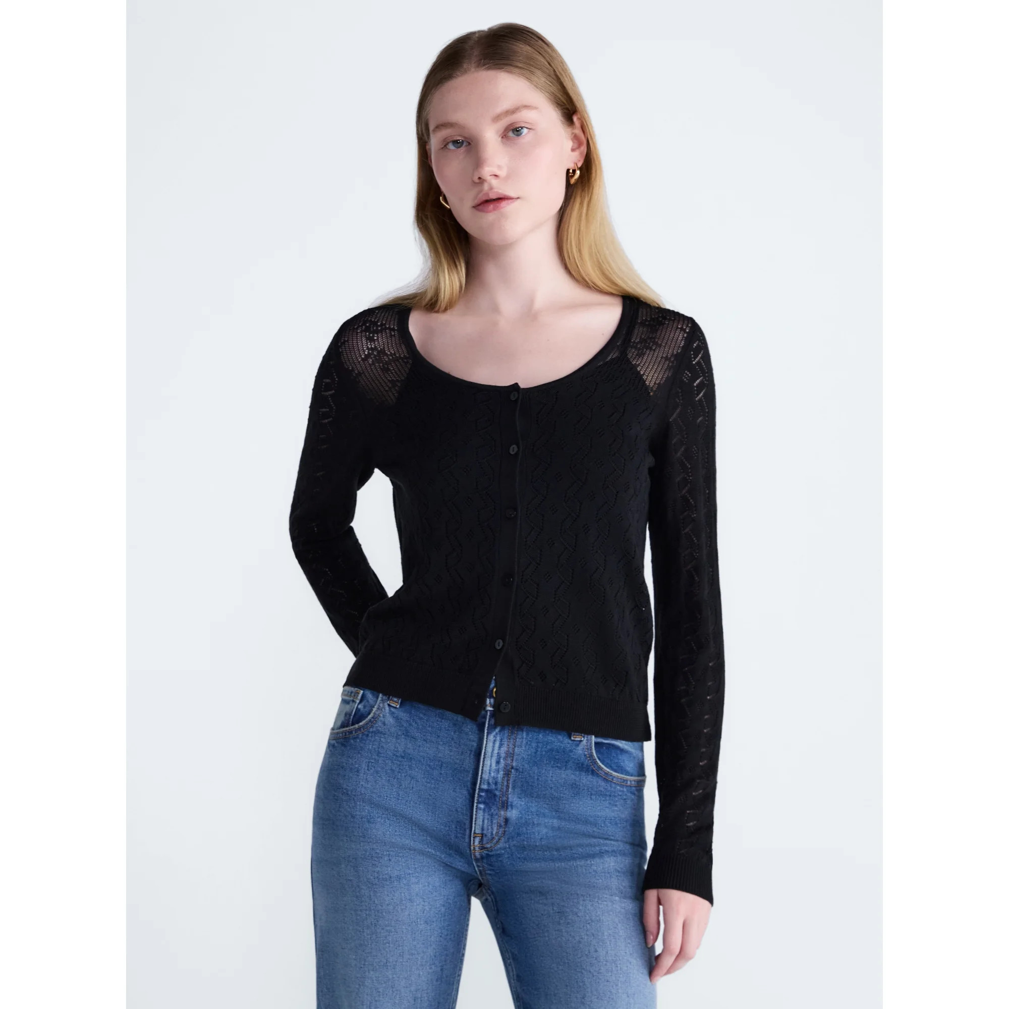 Scoop Women's Pointelle Knit Cardigan Sweater with Long Sleeves, Lightweight, Sizes XS-XXL | Walmart (US)