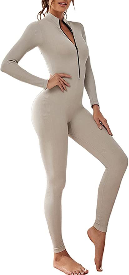 Cysincos Womens Bodycon Jumpsuit Long Sleeve Zipper Rompers Playsuit Butt Lift Yoga Sports Bodysu... | Amazon (US)