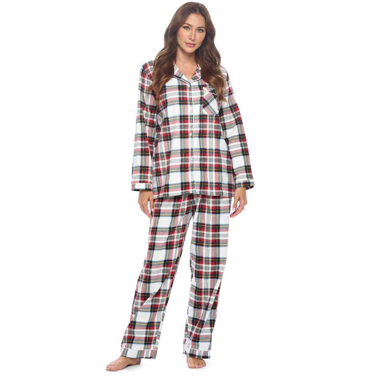 Casual Nights Women's Flannel Long Sleeve Button Down Pajama Set - White Snow Bird - Medium | Target