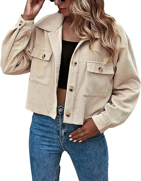 Amazon.com: Gihuo Women's Fashion Cropped Shacket Button Down Corduroy Shacket Jackets : Clothing... | Amazon (US)