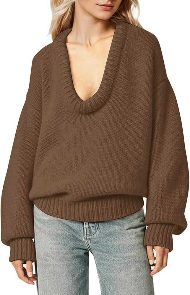 Livtany Women’s Oversized Ribbed Deep V Neck Sweater Long Sleeve Drop Shoulder Pullover Top Cas... | Amazon (US)
