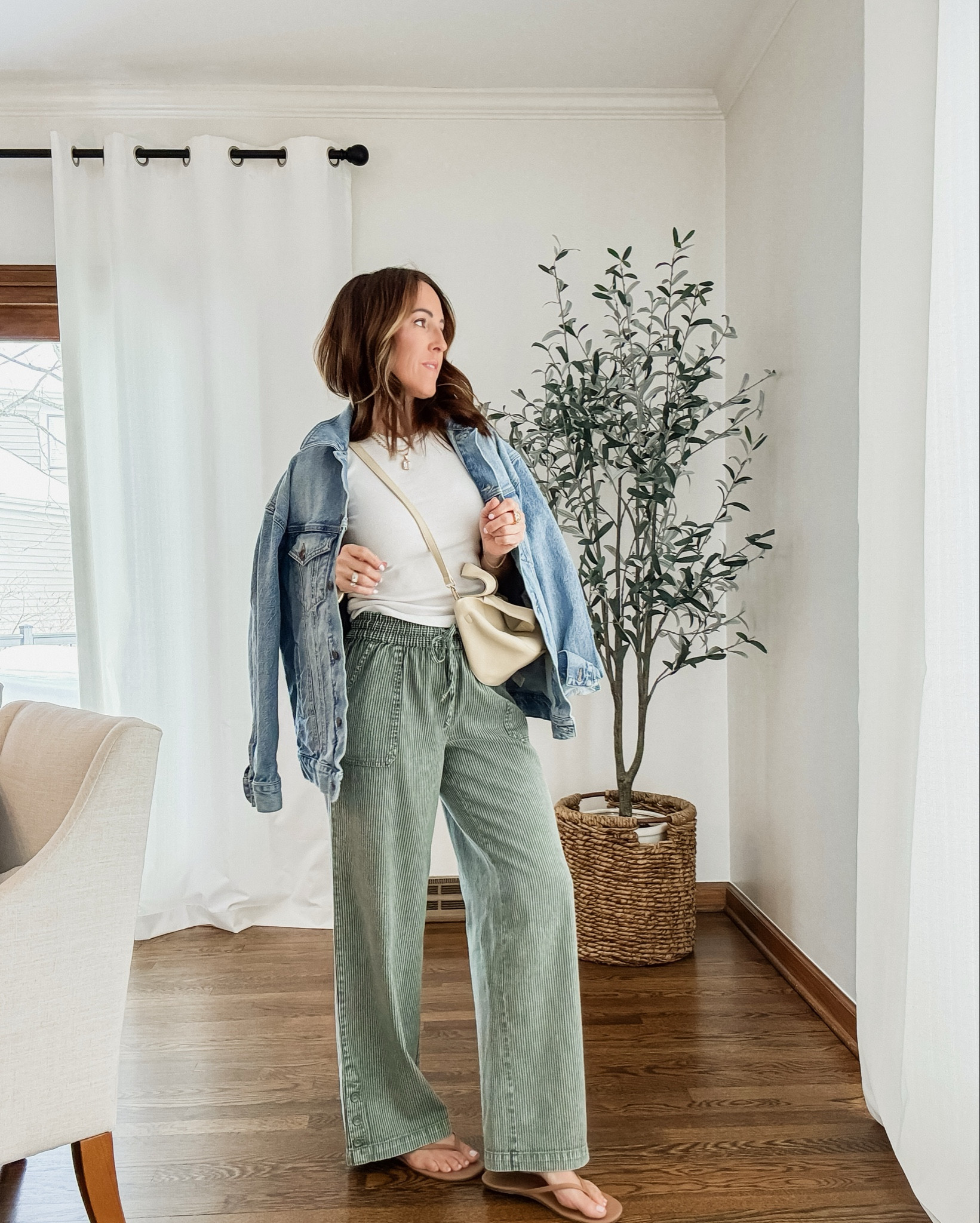 Subtle stripe on these flowy wide leg pants. XS here. 
Small tee
XS jacket - linking similar 

#LTKSeasonal #LTKootd