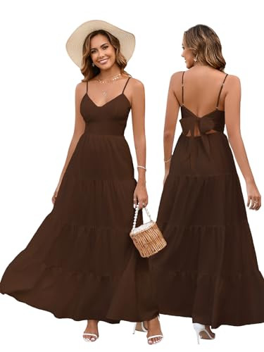 HTZMO Women Casual Summer Floral Maxi Sundress V Neck Spaghetti Strap Bow Tie Backless Flowy Boho Beach Long Dress 2026 Brown M | Amazon (US)