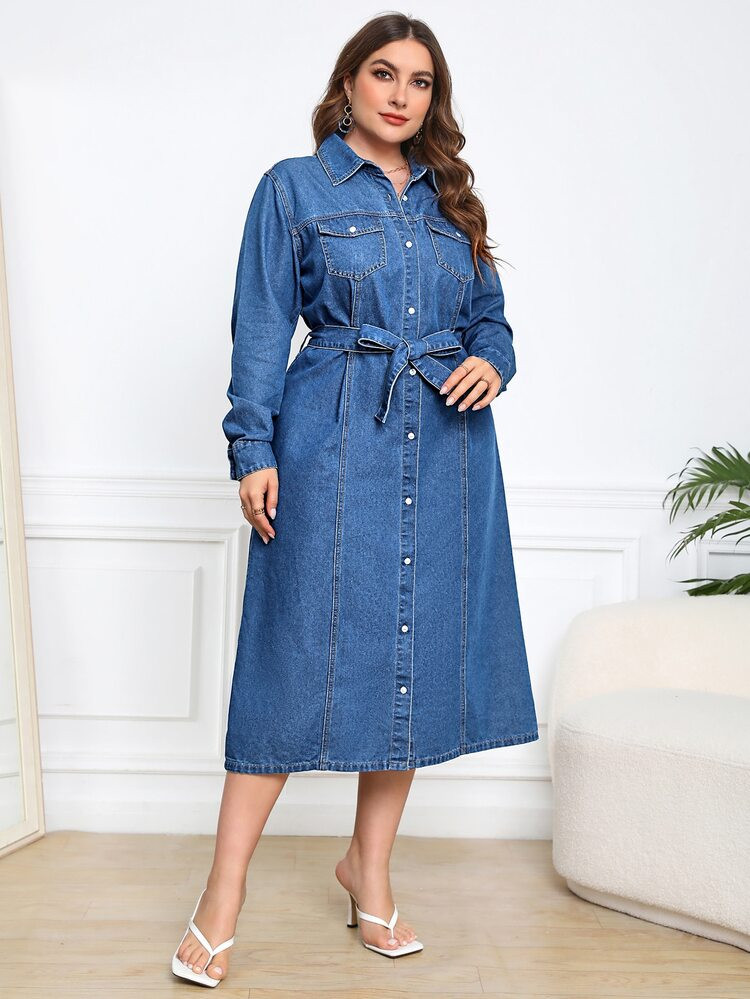 SHEIN Plus Flap Pocket Belted Denim Dress | SHEIN