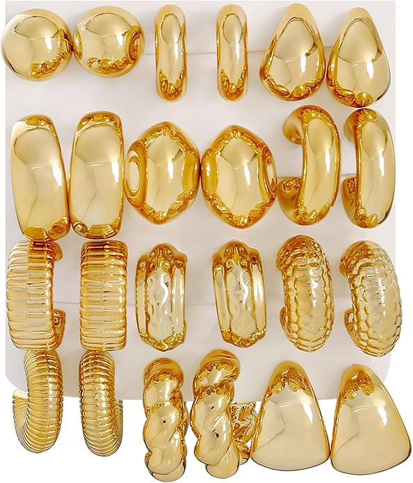 12 Pairs Chunky Gold Hoop Earrings Set for Women Trendy Lightweight Gold Plated Earrings Hypoalle... | Amazon (US)