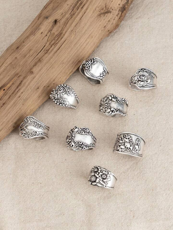 8pcs/set Vintage Hand-carved Floral Silver Rings, Adjustable Personality Rings, Fashionable Flowe... | SHEIN