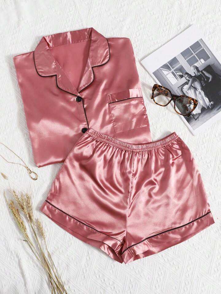 Contrast Binding Satin PJ Set | SHEIN