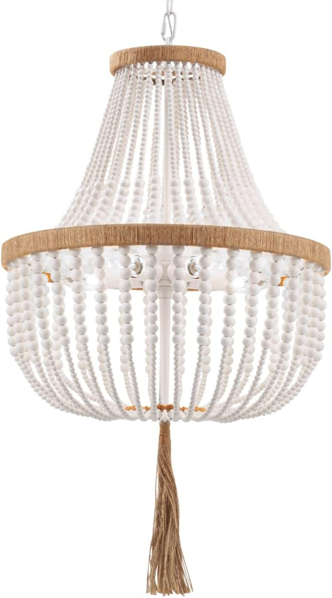 ELYCCUPA 4 Lights Wood Beaded Farmhouse Chandelier with Tassels Bohemia Antique Rustic Pendant Li... | Amazon (US)