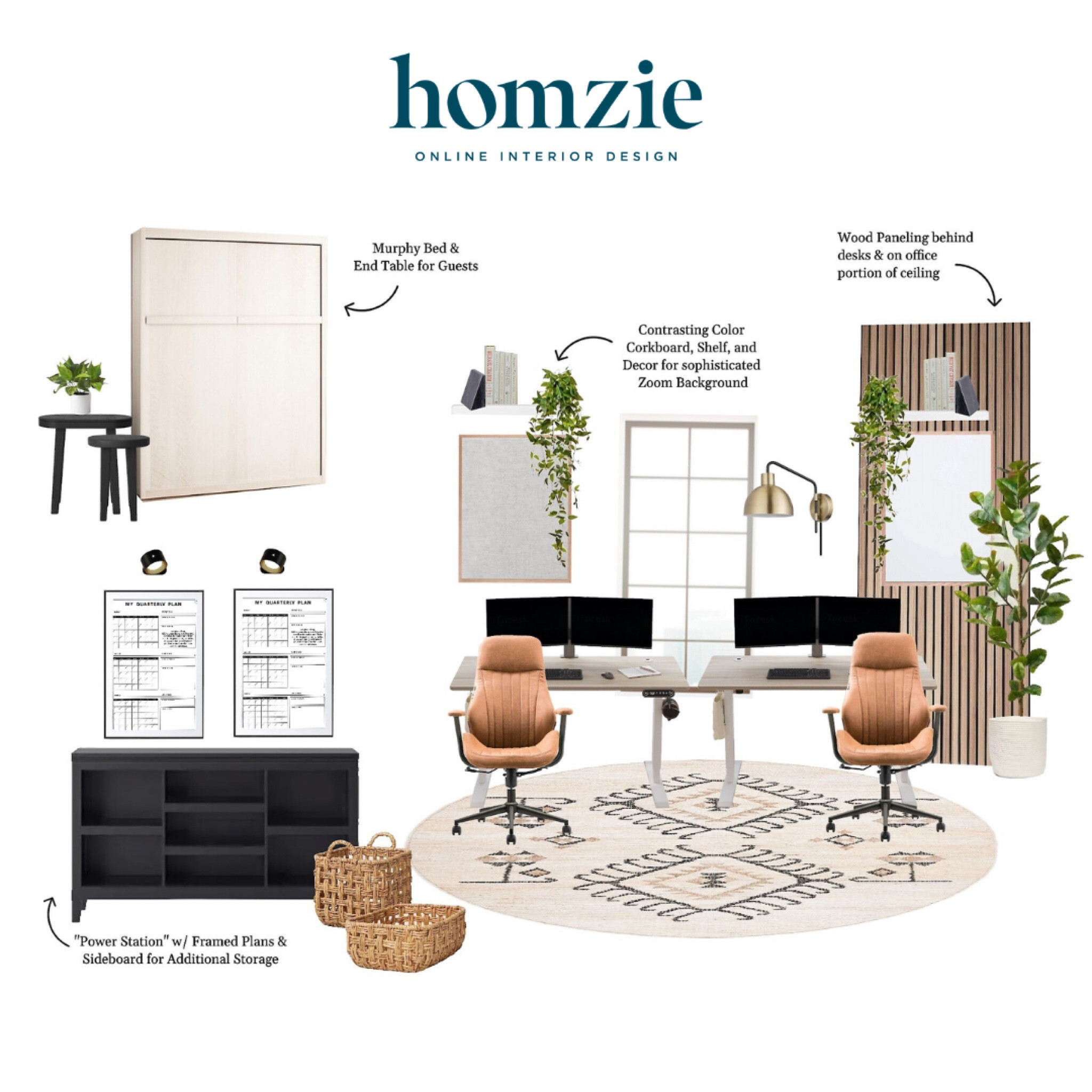 We loved designing this modern organic home office our virtual interior design client. This space features adjustable standing desks with leather swivel chairs, accent wood paneling behind the desk and on the ceiling, a light wood murphy bed for guests, and contrasting color corkboard, shelf, and decor for a sophisticated scenery. 

Work 1:1 with a Homzie virtual interior designer for a low flat-rate and receive a custom, shoppable decorating plan! - all online.  Get started homziedesigns.com/work-with-us 

#LTKSaleAlert #LTKFindsUnder100 #LTKHome