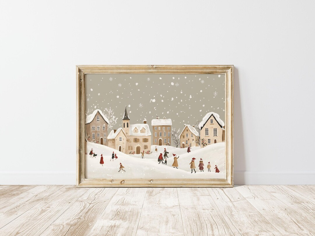 Vintage Village Christmas Printable Wall Art Winter Town Landscape Painting Digital Download Art,... | Etsy (US)