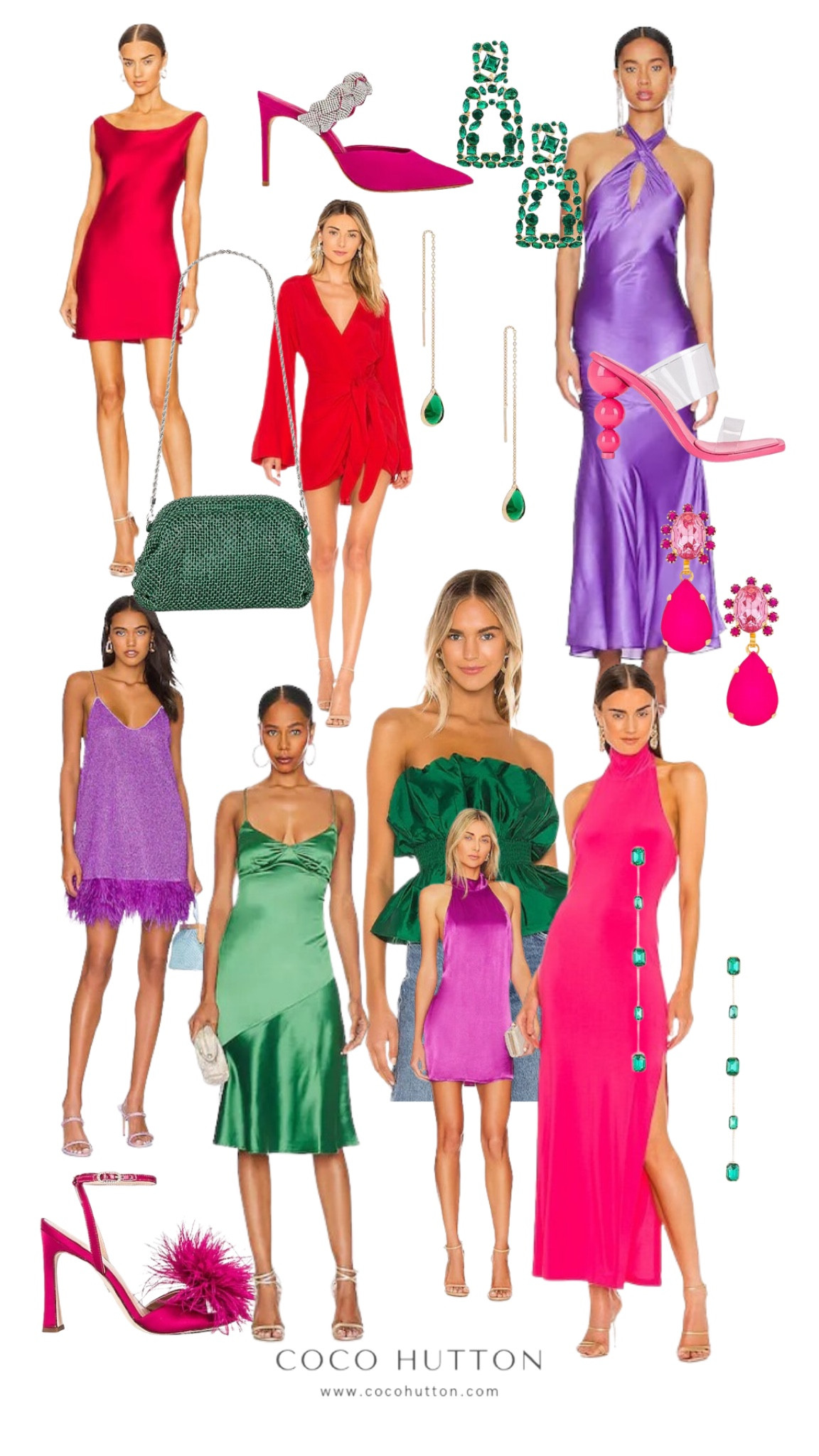 Colorful holiday party, date night dresses and accessories 