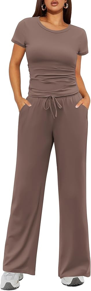 Ekouaer Women's 2 Piece Lounge Sets Ruched Short Sleeve Pajama Set High Waisted Wide Leg Pants Lo... | Amazon (US)