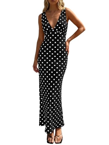 Wenrine Womens Summer Polka Dot Maxi Dress Mesh Wedding Guest Bodycon Sexy V Neck Sleeveless Part... | Amazon (US)