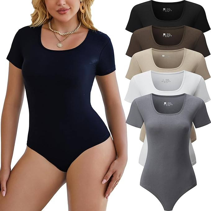 5 Pack Short Sleeve Bodysuits for Women Square Neck Casual Stretchy Basic Body Suits Tops T Shirt... | Amazon (US)