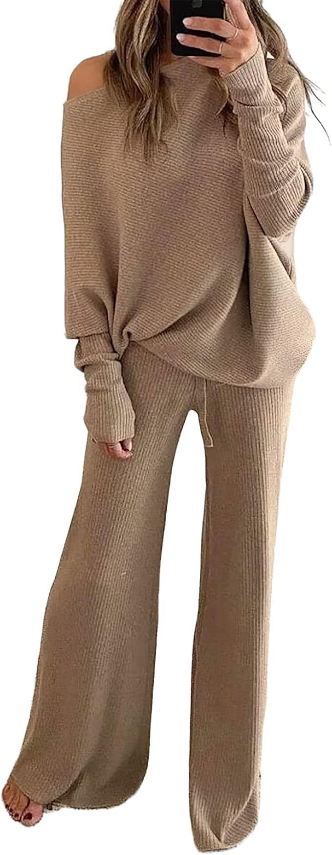 Xaspee Womens 2 Piece Sweatsuit Sets Loose Top Wide Leg Pants Ribbed Loungewear Knitted Outfits | Amazon (US)