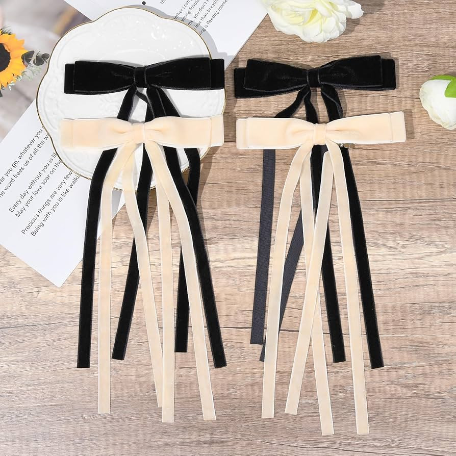 4PCS Velvet Hair Bows Ribbon Hair Clip Black Beige Ponytail Holder Accessories Slides Metal Clips... | Amazon (US)