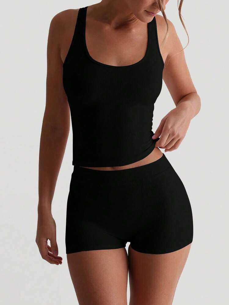 Stretch Micro Ribbed Tank Top 2025 Slim Fit Casual Holiday Wide Strap U Neck White Top For Women Four Seasons Wear Black Summer | SHEIN