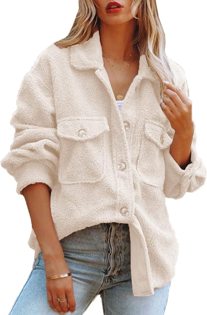 ReachMe Womens Sherpa Fleece Jacket Button Down Shirt Jacket Long Sleeve Shacket with Pockets Lap... | Amazon (US)