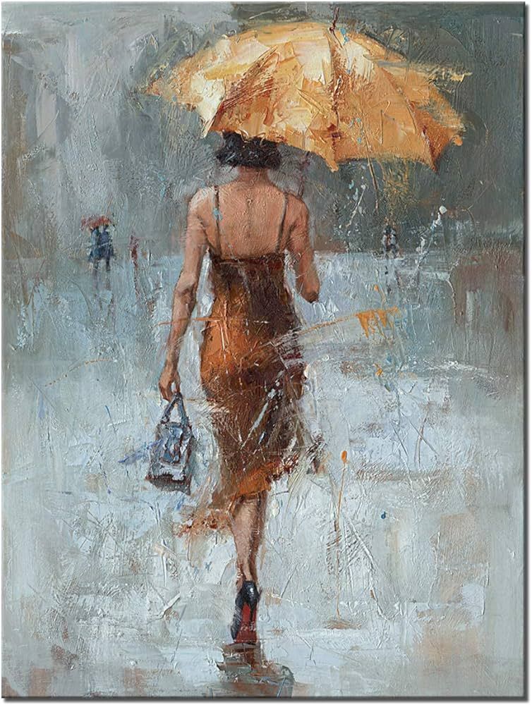 Canvas Wall Art Girl Umbrella With Khaki Dress Walking in Street Rain Modern Painting Abstract Ar... | Amazon (US)