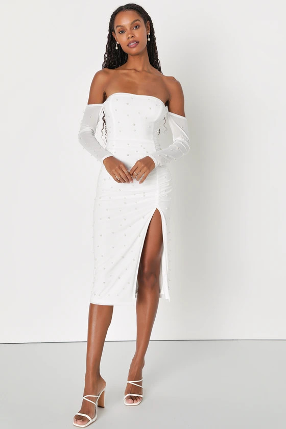 Charming Elegance White Mesh Pearl Off-The-Shoulder Midi Dress | Lulus