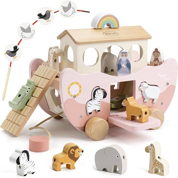 Joyreal Pink Wooden Noah's Ark Toy for 1 Year Old Baby Girl Baptism Gifts | Amazon (US)