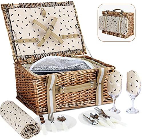 G GOOD GAIN Willow Picnic Basket Set for 2 Persons with Large Insulated Cooler Bag,Wicker Picnic Ham | Amazon (US)