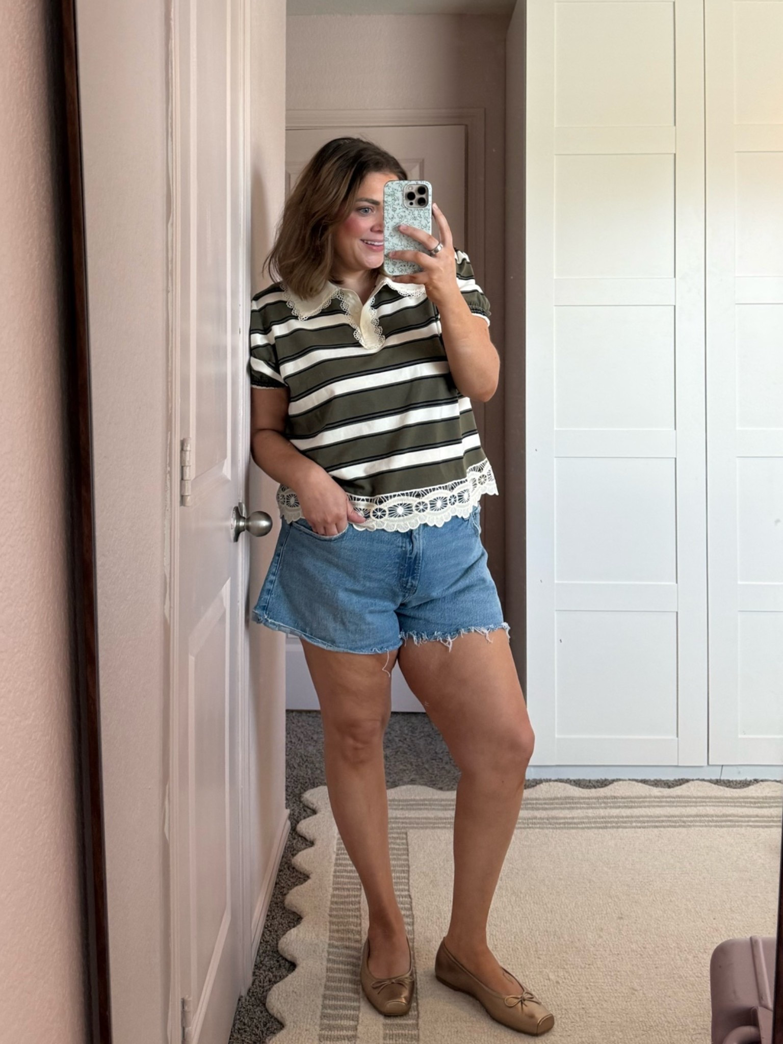 Fall transition outfit wearing xl in rugby polo top and 33 in jean shorts. New ballet flats are so cute for fall!!

#LTKMidsize #LTKSaleAlert #LTKSeasonal