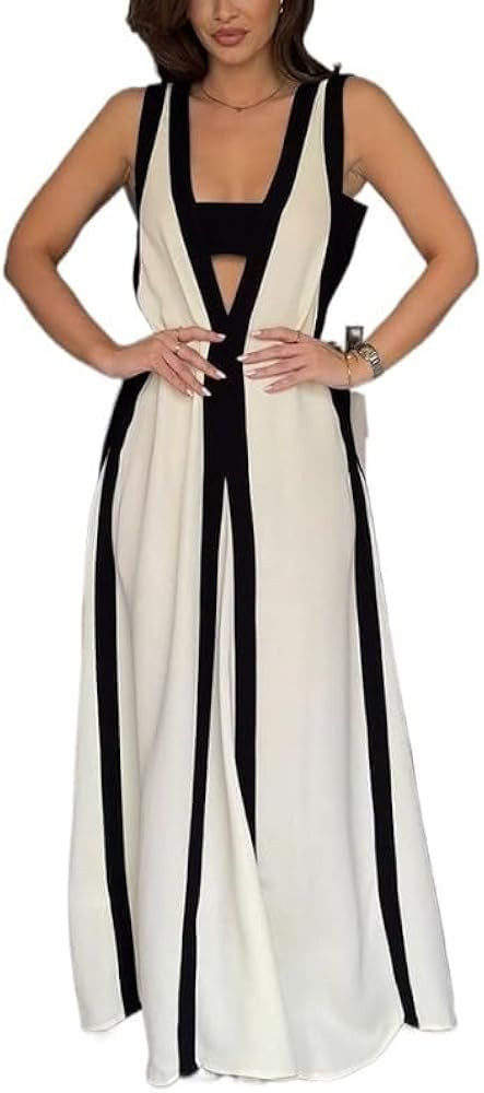 Women's 2025 Summer Sexy Maxi Dress Sleeveless V Neck Color Contrast Hollow Swing Cocktail Party ... | Amazon (US)