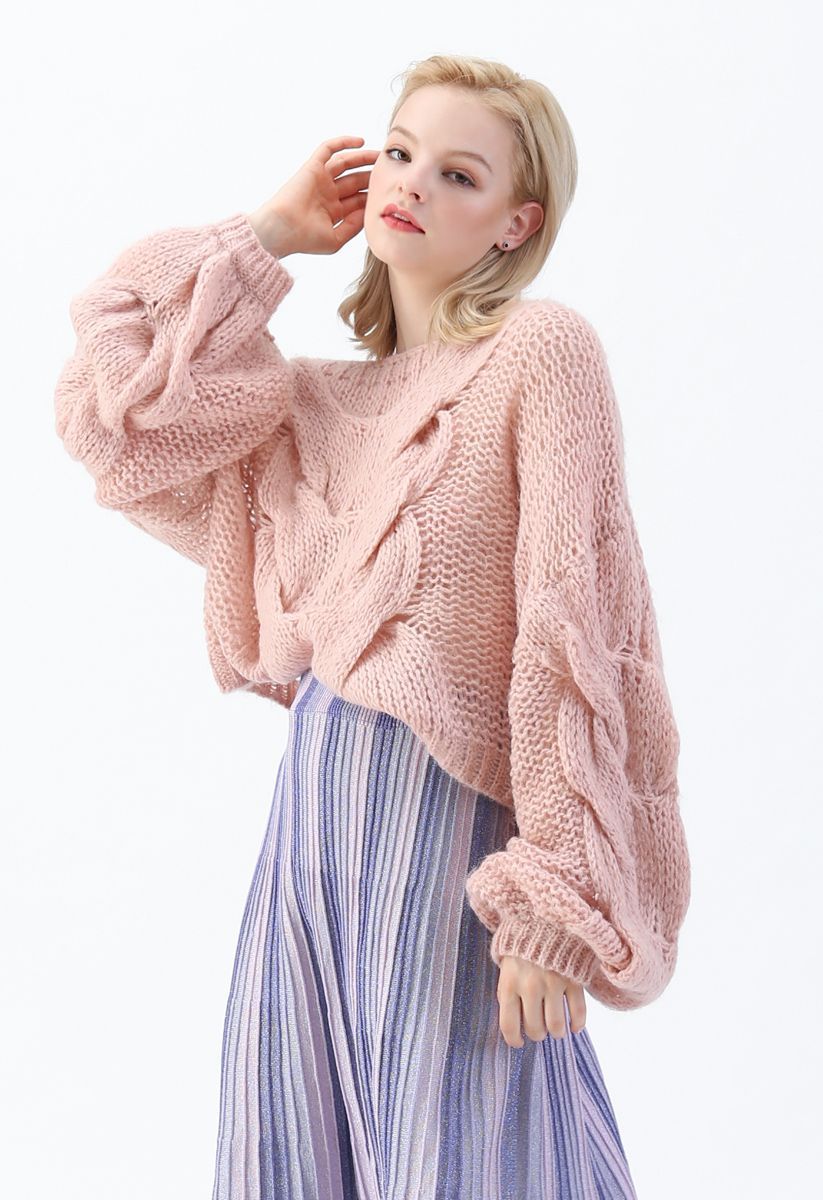 Hand-Knit Puff Sleeves Sweater in Pink | Chicwish