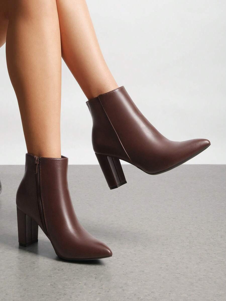 Women's Chunky Heel Ankle Booties Pointed Toe Short Boots Elegant Faux Fur Classic, Cozy & Effortless Zip-On Style | SHEIN