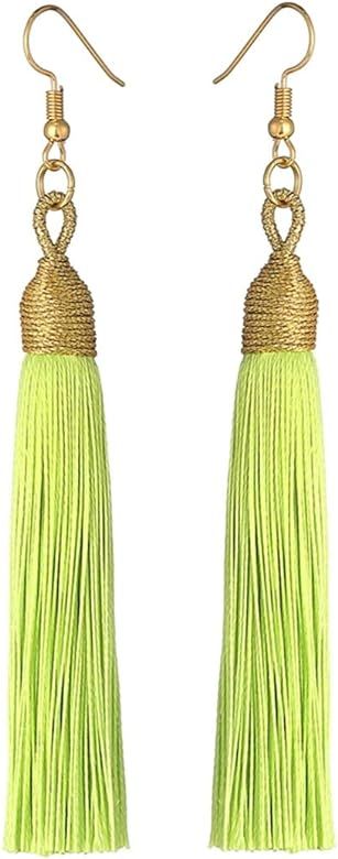 KLFrogPond Boho Thread Long Tassel Dangle Drop Colorful Fringe Earrings Silk Fabric Ethnic Vintage C | Amazon (US)