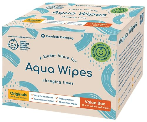 Aqua Wipes Originals Baby Wipes, 100% Biodegradable, Plastic Free Wipes, 99.6% Purified Water, Newborn Wipes, Vegan, Paraben and Perfume Free, NHS Approved (12 Packs of 64 Wipes, 768 Wipes) | Amazon (UK)