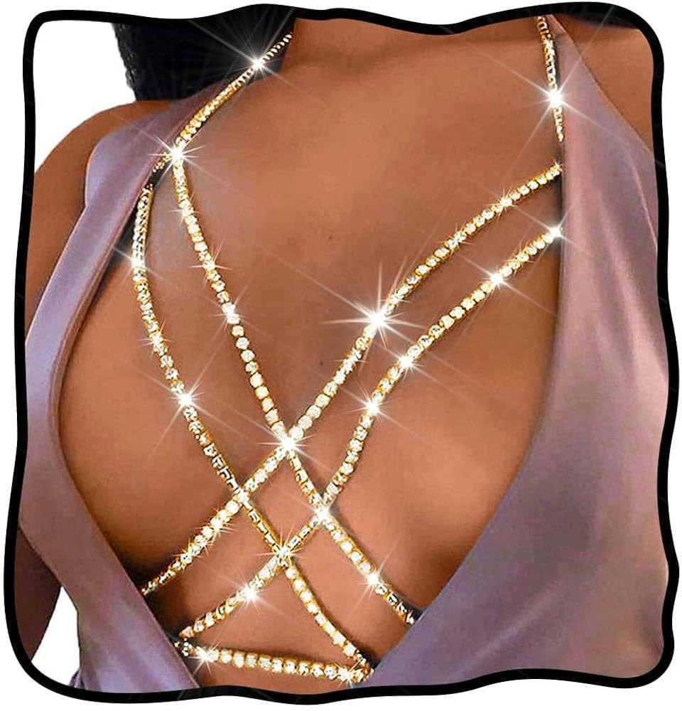 Nicute Rhinestone Body Chain Jewelry Gold Bra Jewelry Bling Plus Size Body Chains for Women | Amazon (US)