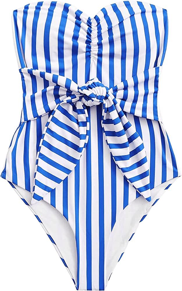 SweatyRocks Women's Bandeau One Piece Swimsuit Tie Front Tummy Control Bathing Suits | Amazon (US)