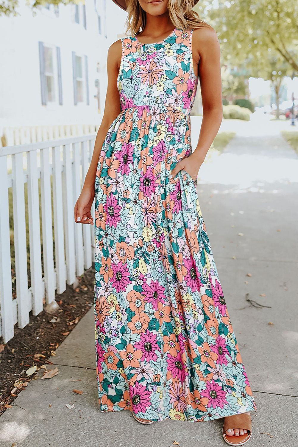 Multicolor Floral Printed Round Neck Sleeveless Maxi Dress | Shewin