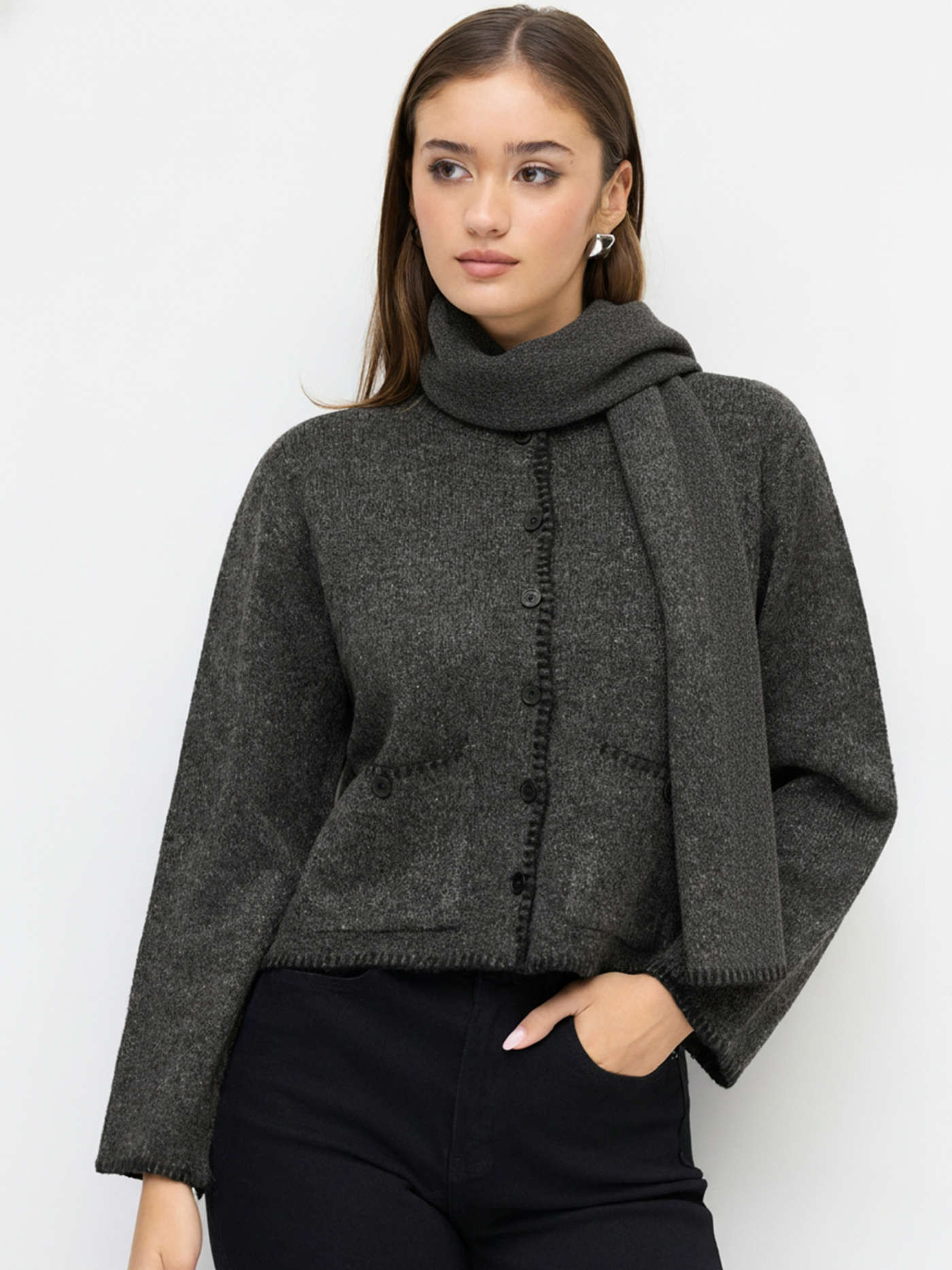 Knit Fabric Knit Round Neckline Long Sleeve Contrasting Binding Button Cardigan With Scarf For Wo... | Cider