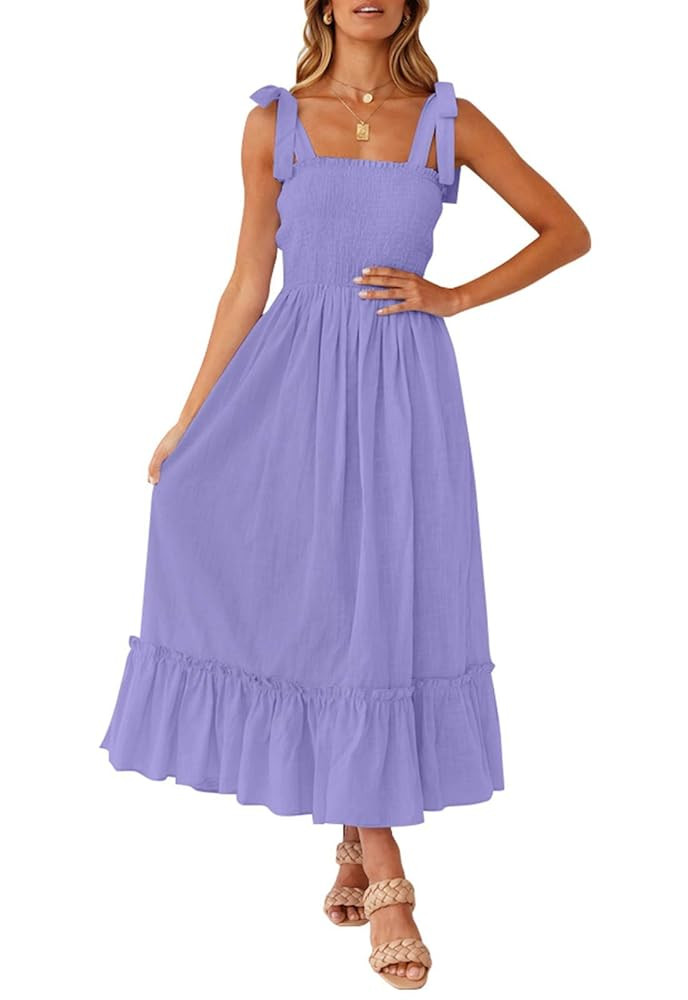 ZESICA Women's 2025 Summer Boho Spaghetti Strap Square Neck Solid Color Ruffle A Line Beach Long ... | Amazon (US)