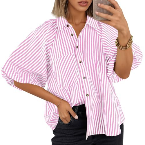 Tankaneo Womens Short Puff Sleeve Button Down Shirts Striped Trendy Casual Loose Fit Blouse V Neck Collared Tops Pink | Amazon (US)