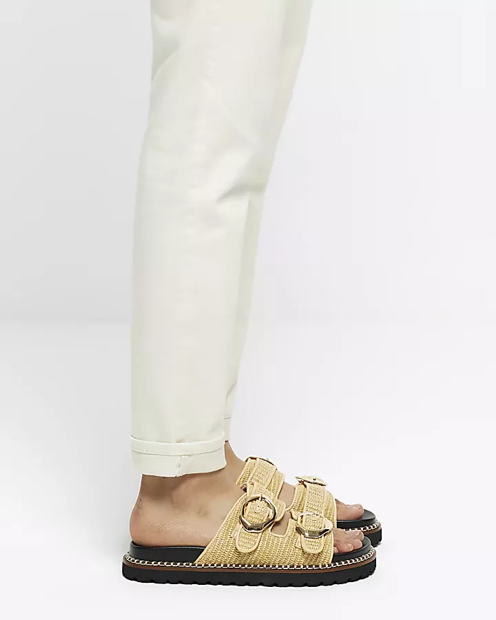 Cream raffia double buckle sliders