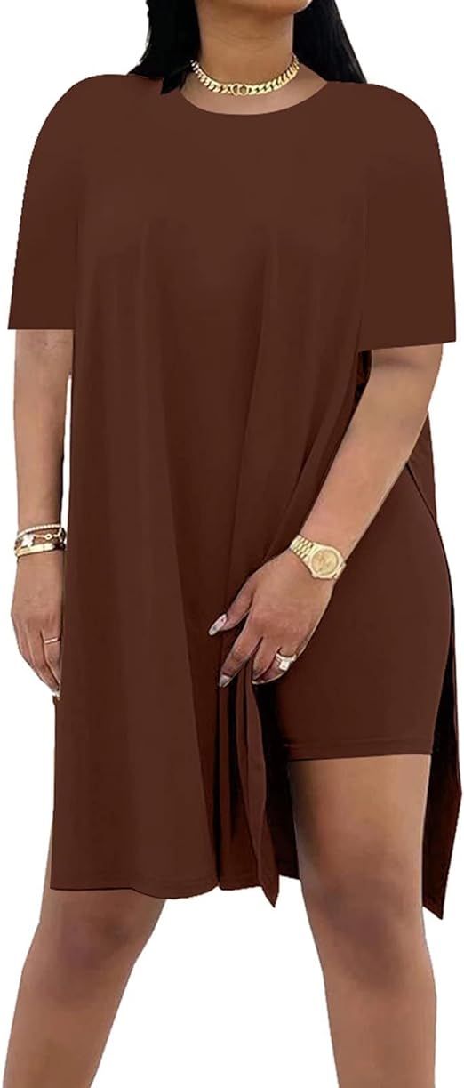 AXOSY Women Plus Size 2 Piece Outfits Short Sleeve Tunic Tops and Skinny Biker Shorts Sets Tracks... | Amazon (US)