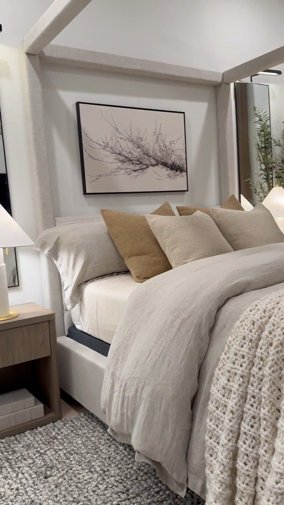 Finally found the perfect neutral art piece for this room. It measures. 36x24" …. Brown Pillows are 24x24" with 26x26" down inserts. Wheat color pillows are 20x20" with 22x22" down inserts 


Measurements: 

Bed: Queen 

Duvet: King size - I inserted 2 King sized down inserts to give the bed a fuller look. Sheets & pillows are Queen sized 

Mirrors - 58" H x 18" W……mirrors will make your space feel larger as well as reflect light to other parts of the room! 

Drapes: Color Cafe Brown … Size 40"W x 108" W 

I used two duvet inserts to create that fluffy look.. 

Bed size is a Queen and the duvet+inserts are King size. I like sizing up on bedding bc it gives more fabric to work with especially if you want your bed to look full around! 😊

I used the “small table lamp” (linked) to create the glow effect behind the planter. I recommend  warm white light bulbs. 😊#LTKStyleTip 

#LTKSaleAlert #LTKHome