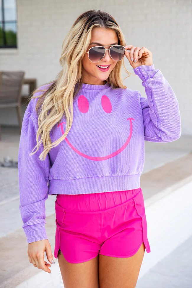 Drawn Smiley Purple Acid Wash Cropped Corded Graphic Sweatshirt DOORBUSTER | Pink Lily
